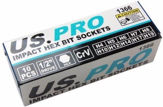 US Pro 10 Piece 1/2" Drive Impact Hex Bit Sockets H4 - H19 1366