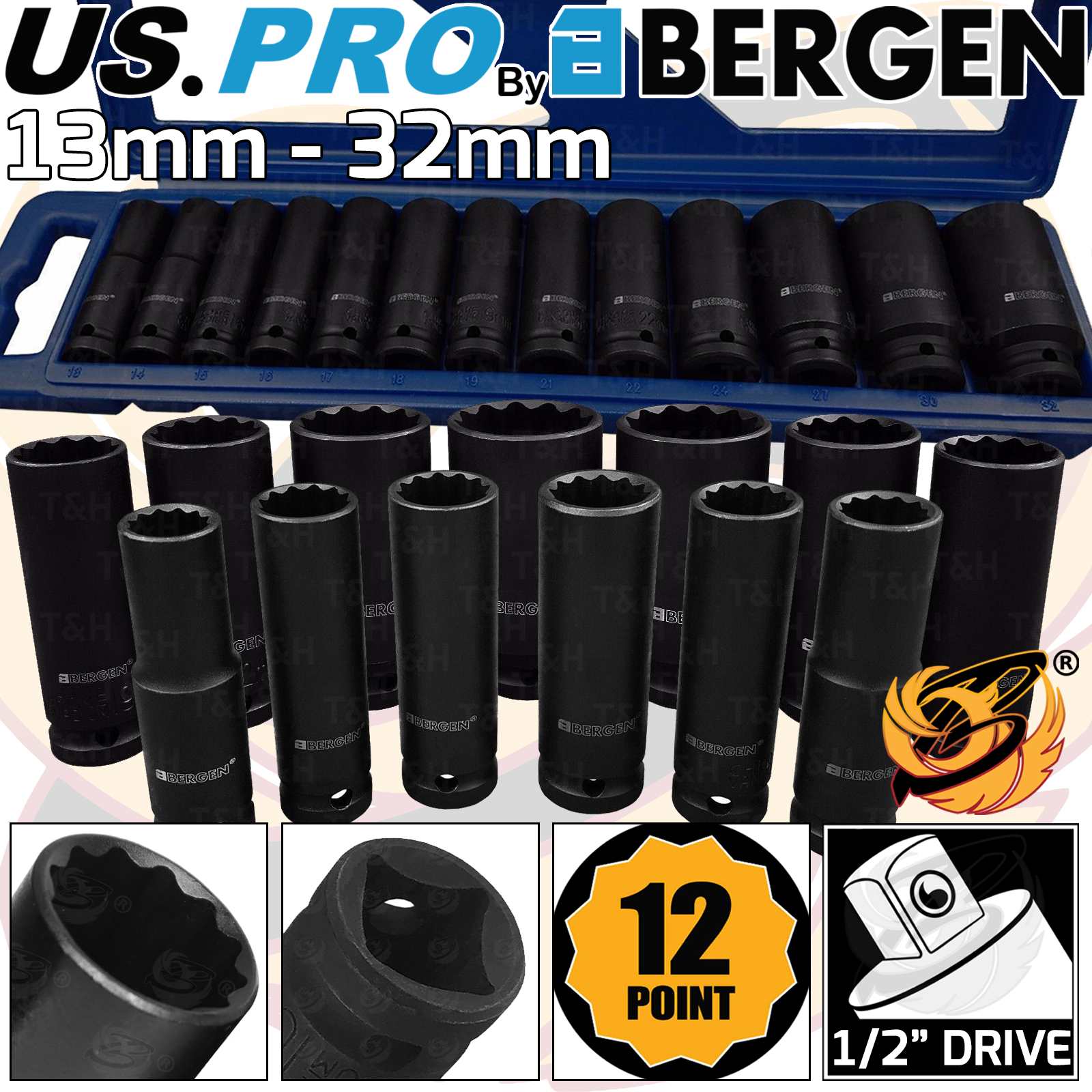 US Pro 13 Piece 1/2" Drive 12 Point Deep Impact Sockets 13mm - 32mm 1683