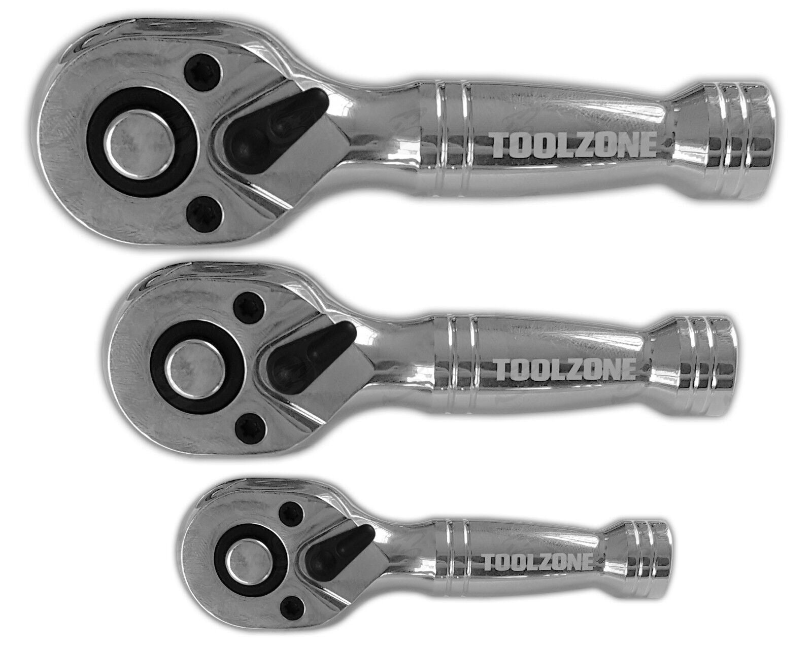 TOOLZONE 3PCS 72 TOOTH STUBBY RATCHET HANDLE SET 1/4" & 3/8" & 1/2" DRIVE