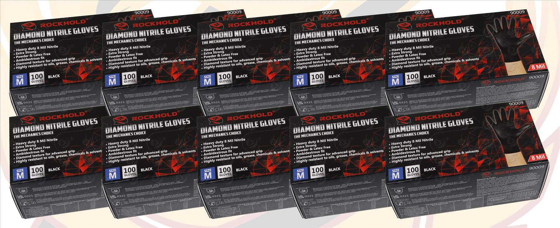 ROCKHOLD HEAVY DUTY BLACK 8 MIL NITRILE DIAMOND GRIP GLOVES ( MEDIUM - 1000 GLOVES )