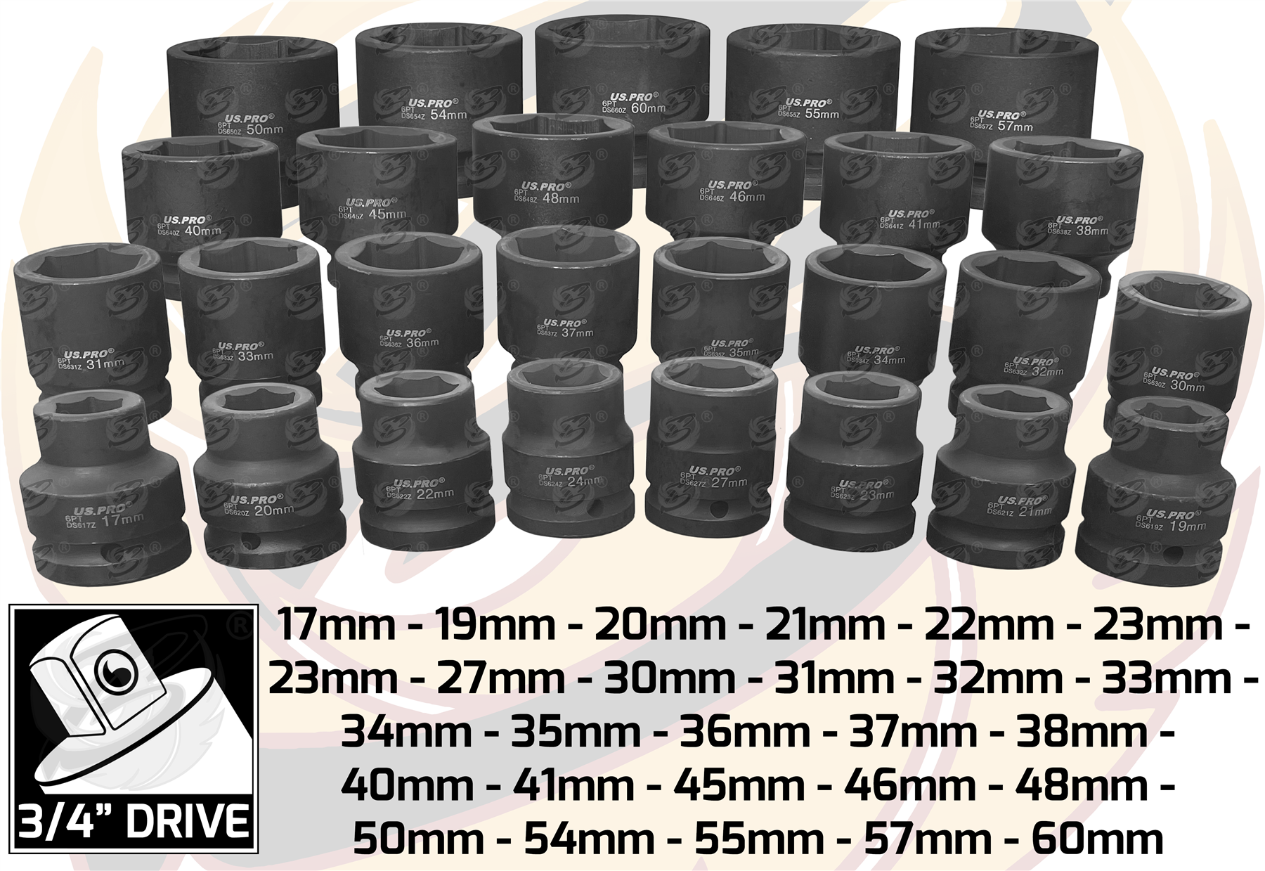 US Pro 27 Piece 3/4" Drive 6 Point Impact Sockets 17mm - 60mm ( 3690 )
