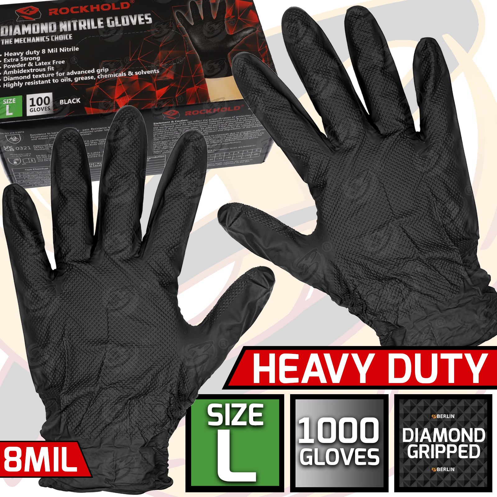 ROCKHOLD HEAVY DUTY BLACK 8 MIL NITRILE DIAMOND GRIP GLOVES ( LARGE - 1000 GLOVES )