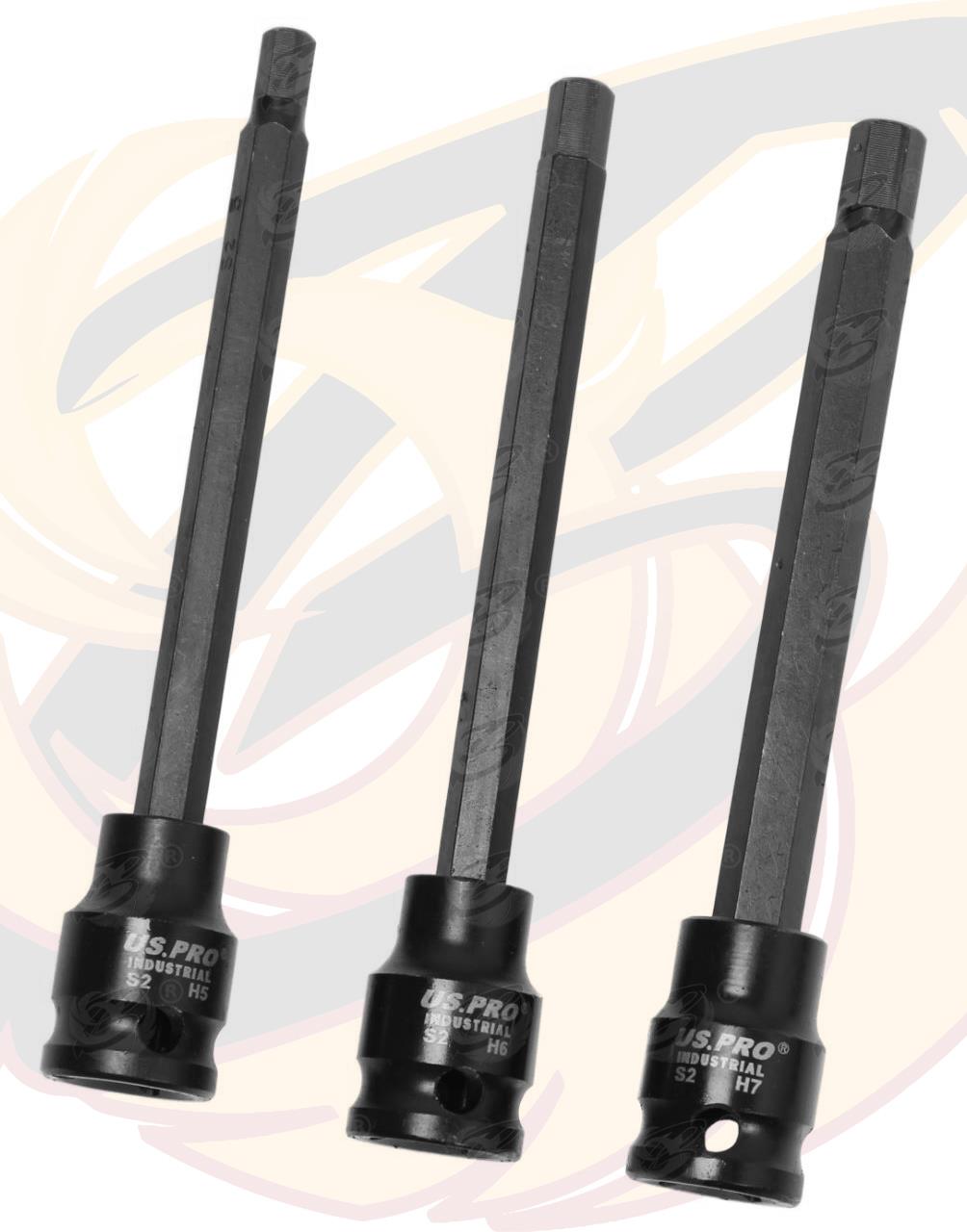 US PRO INDUSTRIAL 7PCS 3/8" DRIVE EXTRA LONG IMPACT HEX BIT SOCKETS H3 - H10