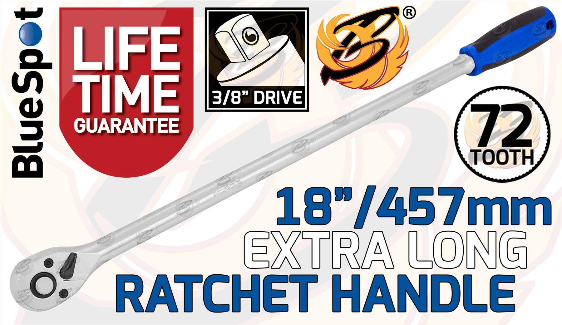 BLUESPOT 3/8" DRIVE 18" LONG 72 TOOTH EXTRA LONG RATCHET HANDLE