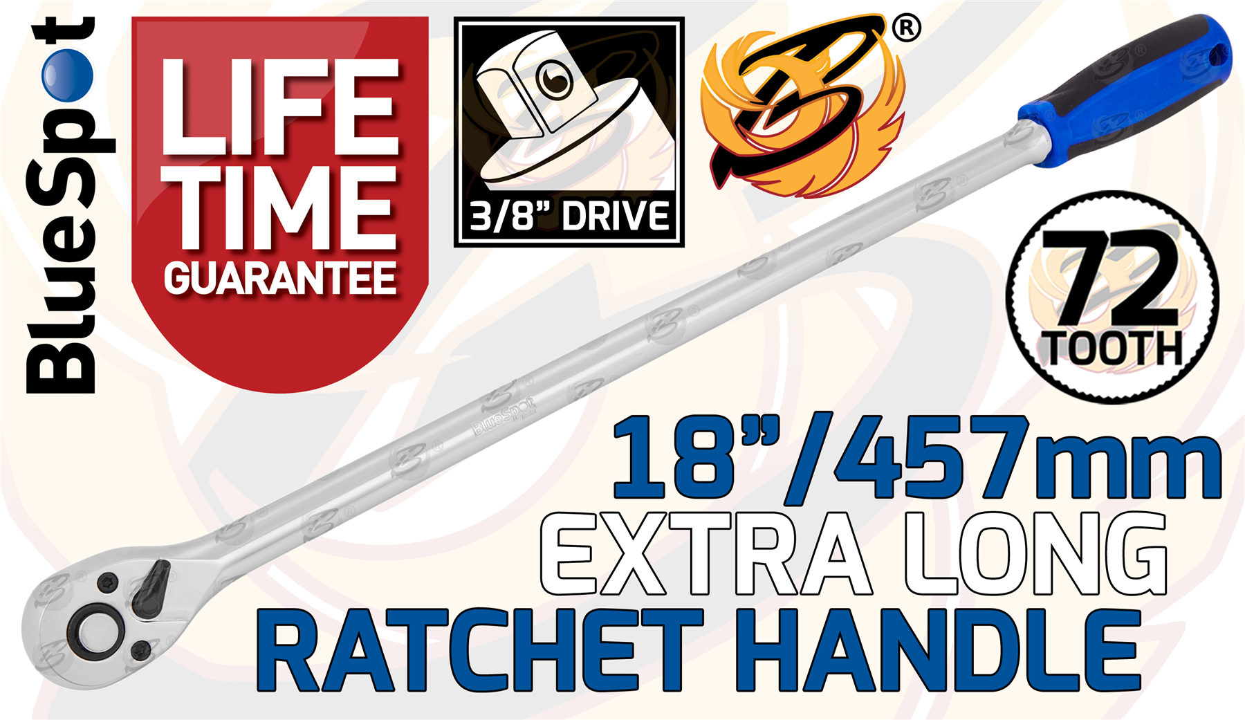 BlueSpot 3/8" Drive 18" Long 72 Tooth Extra Long Ratchet Handle ( 02035 )