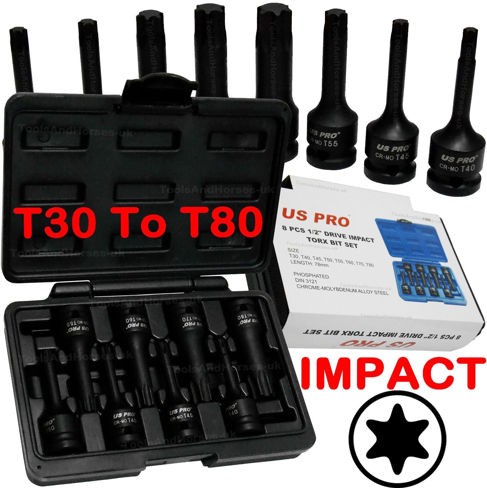US PRO 8PCS 1/2" DRIVE IMPACT TORX BIT SOCKET SET T30 - T80
