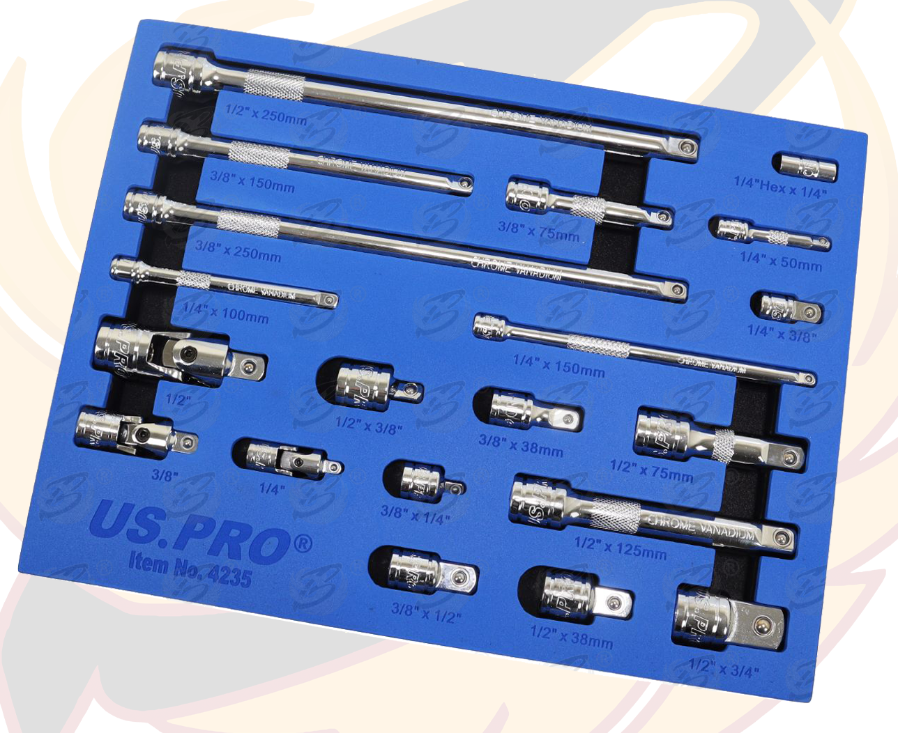 US Pro 20 Piece 1/4" & 3/8" & 1/2" Drive Extension Bars 50mm - 250mm 4235