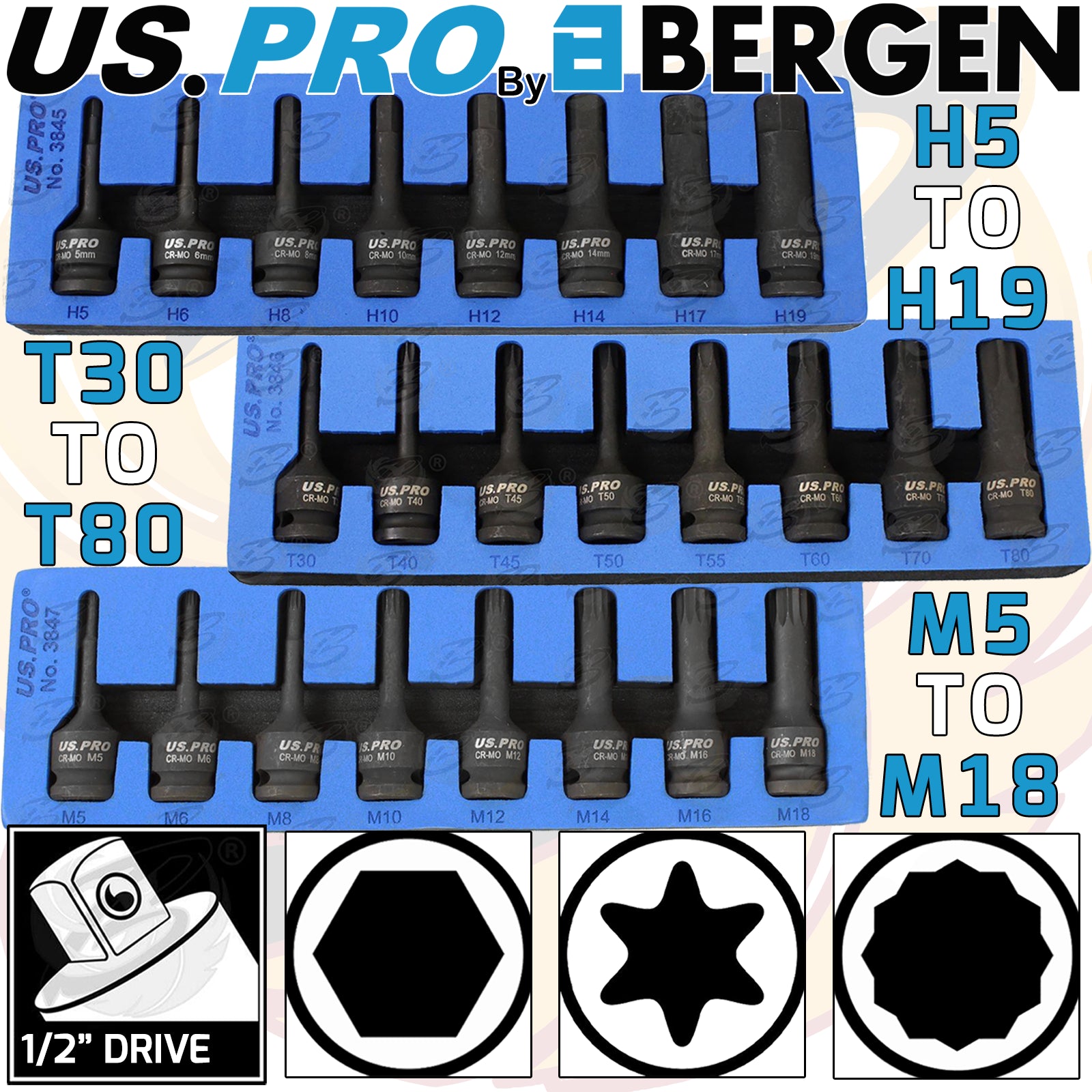 US PRO 28PCS HEX - TORX - SPLINE IMPACT BIT SOCKETS