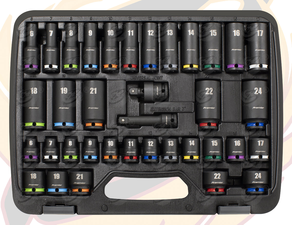 SEALEY 36PCS 3/8" DRIVE 6 POINT DEEP & SHALLOW IMPACT SOCKETS 6MM - 24MM