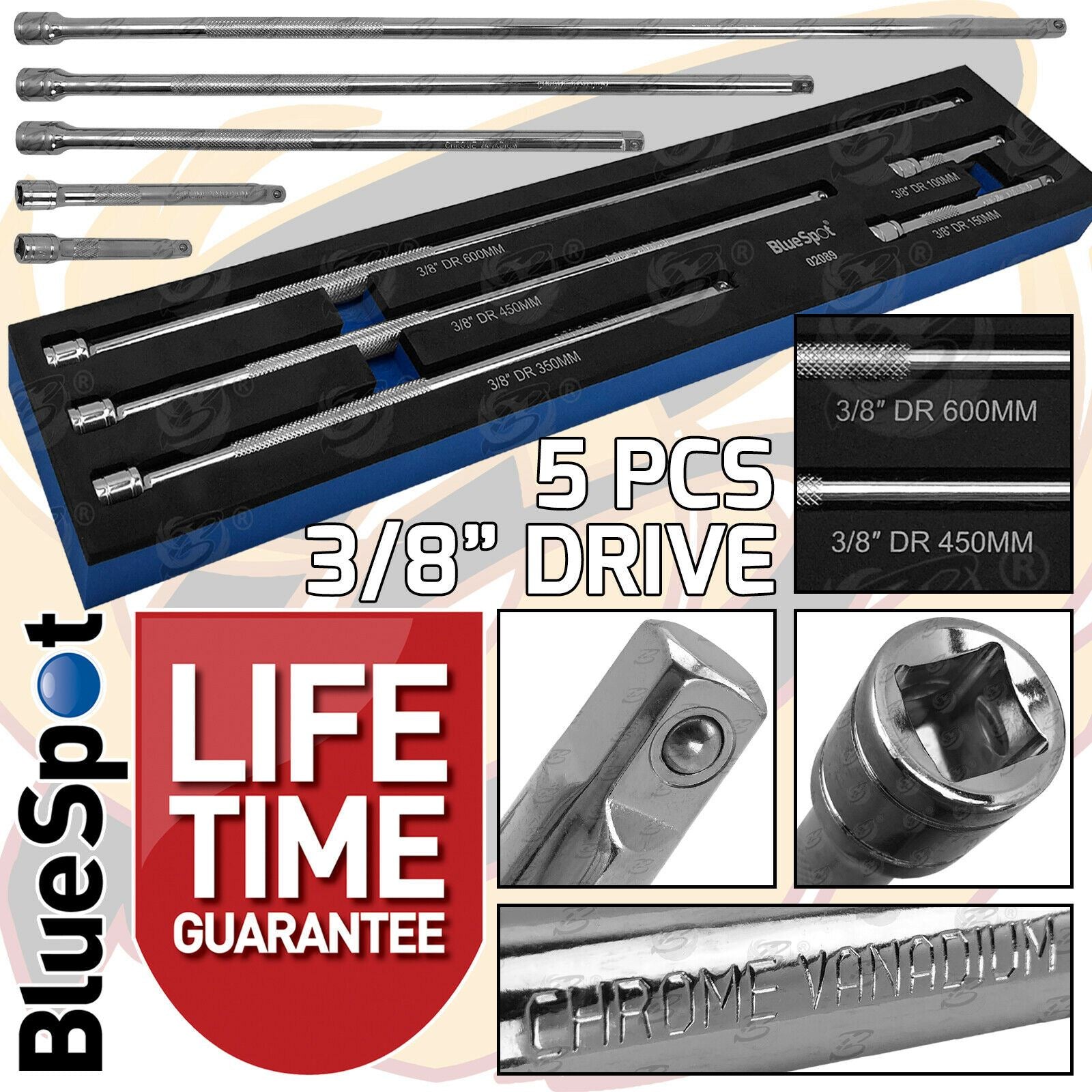 BLUESPOT 5PCS 3/8" DRIVE EXTRA LONG EXTENSION BARS 100MM - 600MM