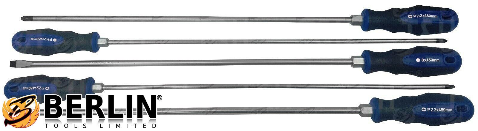 US Pro 5 Piece Extra Long Magnetic Screwdriver Set ( Slotted - PHillips - Pozidrive ) 1534