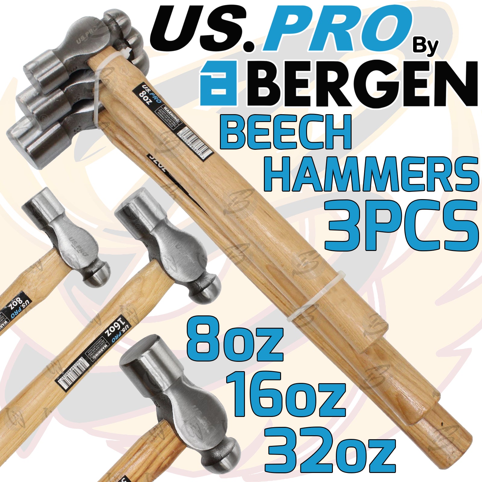 US PRO 3PCS BALL PEIN BEECH HAMMERS 8OZ - 16OZ - 32OZ