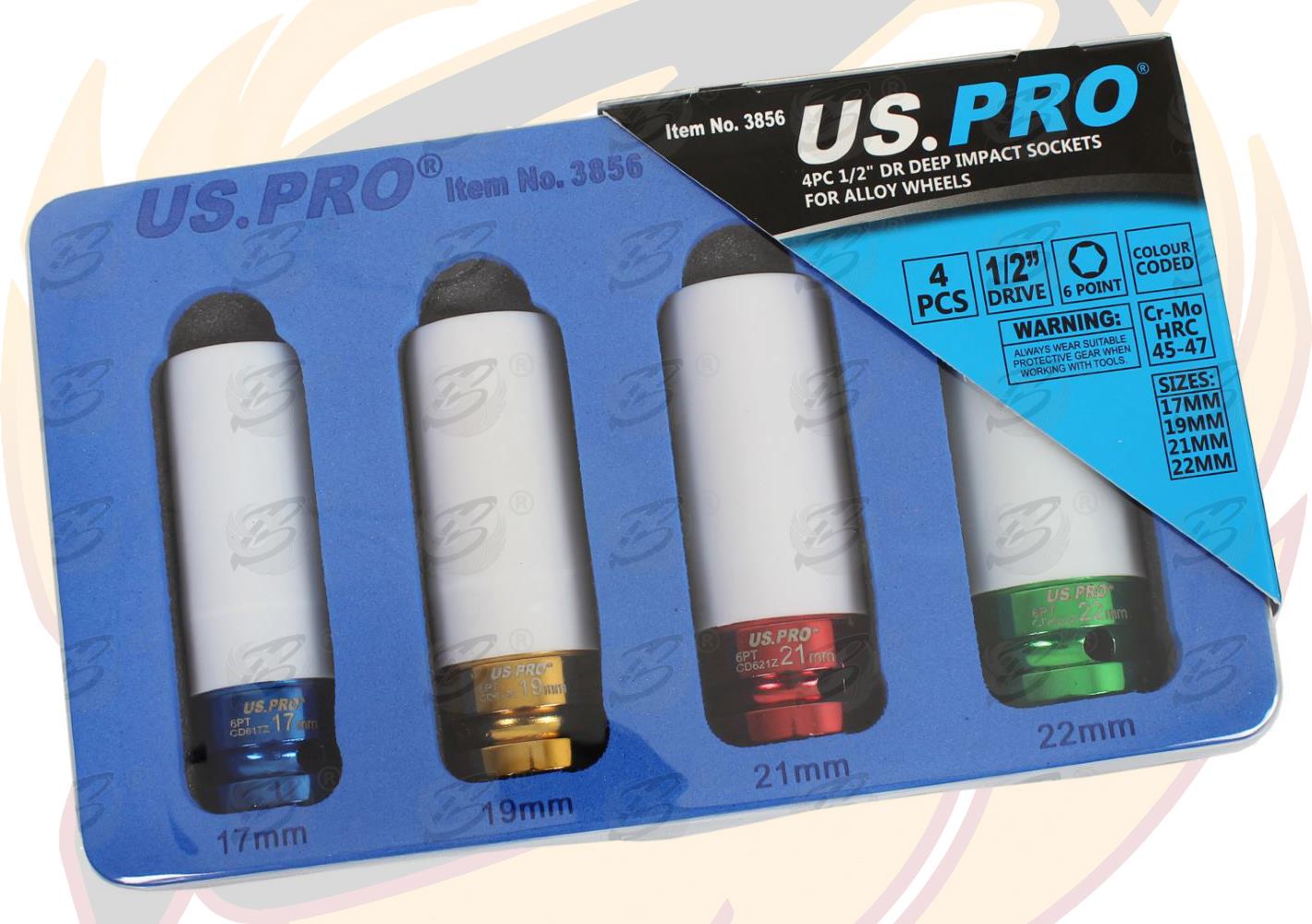 US Pro 4 Piece 1/2" Drive 6 Point Alloy Wheel Nut Sockets 17mm - 22mm 3856