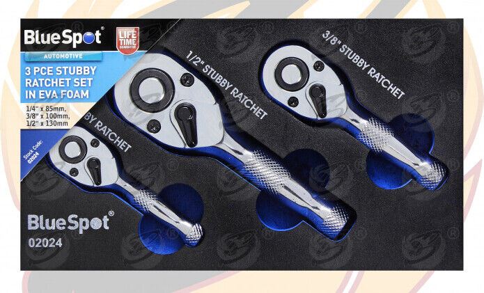 BLUESPOT 3PCS 72 TOOTH STUBBY RATCHET HANDLE SET 1/4" & 3/8" & 1/2" DRIVE