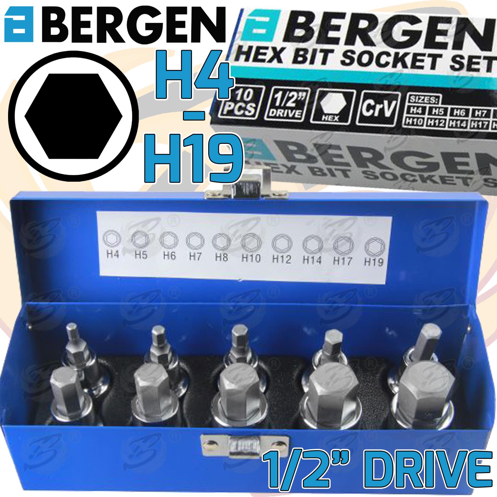 Bergen 10 Piece 1/2" Drive Hex Bit Sockets H4 - H19 ( 1135 )
