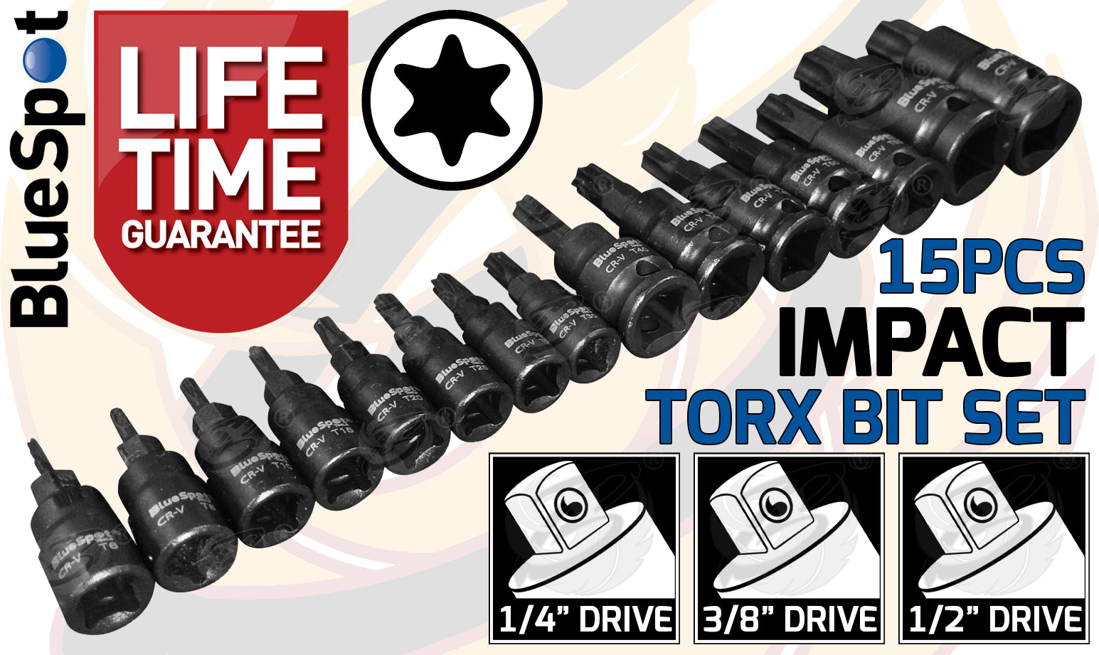 BLUESPOT 30PCS 1/4" & 3/8" & 1/2" DRIVE IMPACT TORX BIT SOCKETS T6 - T70 & 4PCS IMPACT SOCKET ADAPTERS