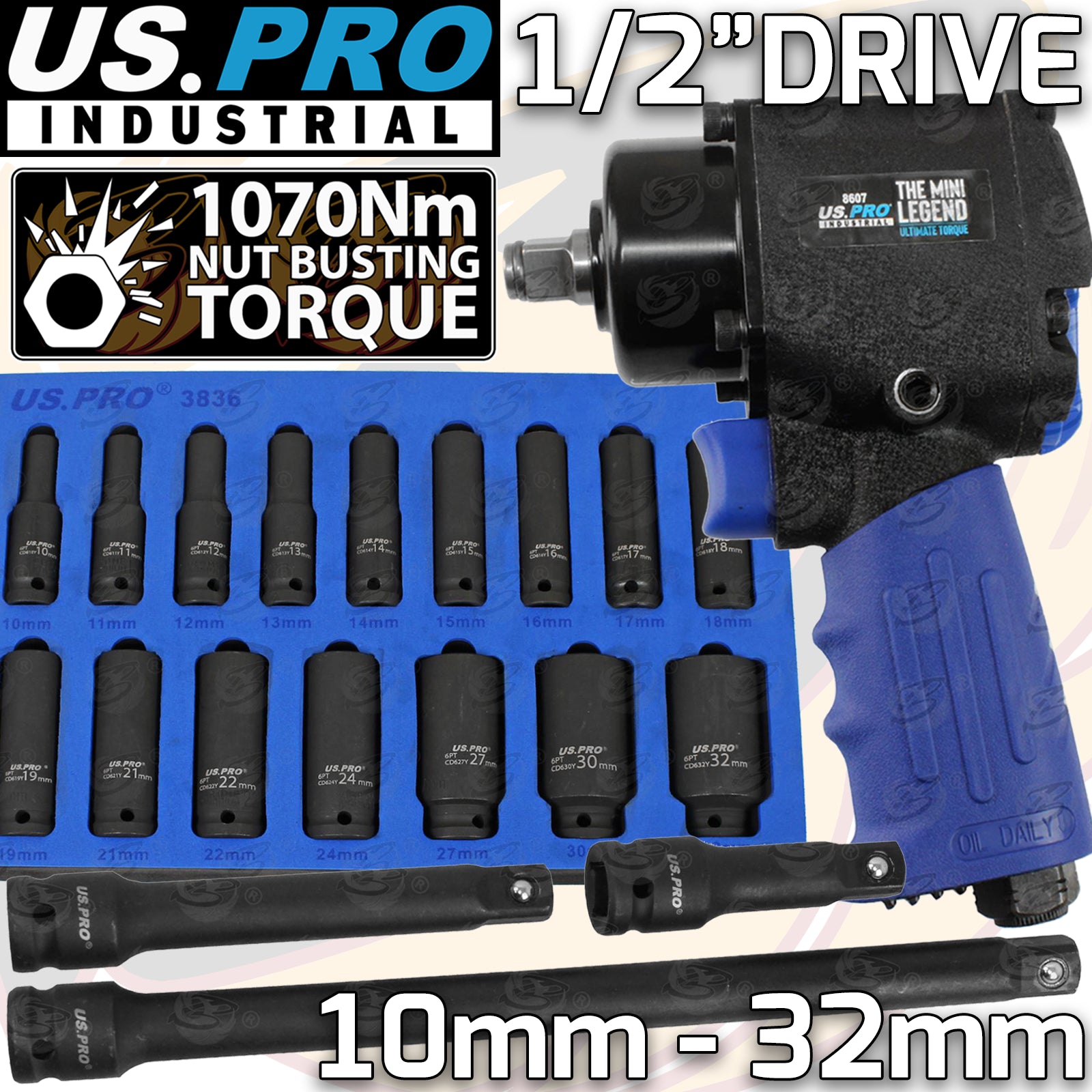 US PRO 1/2" DRIVE COMPACT AIR IMPACT WRENCH 1070Nm NBT ( THE MINI LEGEND ) & 19PCS DEEP IMPACT SOCKETS & EXTENSION BAR SETS 10MM - 32MM