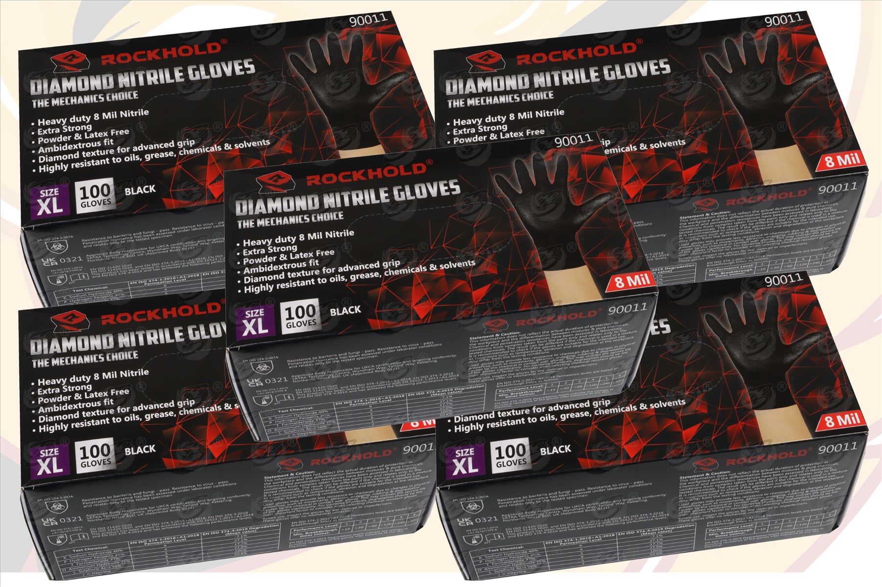 ROCKHOLD HEAVY DUTY BLACK 8 MIL NITRILE DIAMOND GRIP GLOVES ( X LARGE - 500 GLOVES )