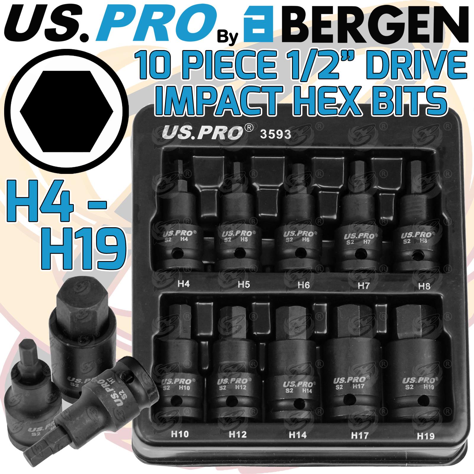 US Pro 10 Piece 1/2" Drive Impact Hex Bit Sockets H4 - H19 ( 3593 )