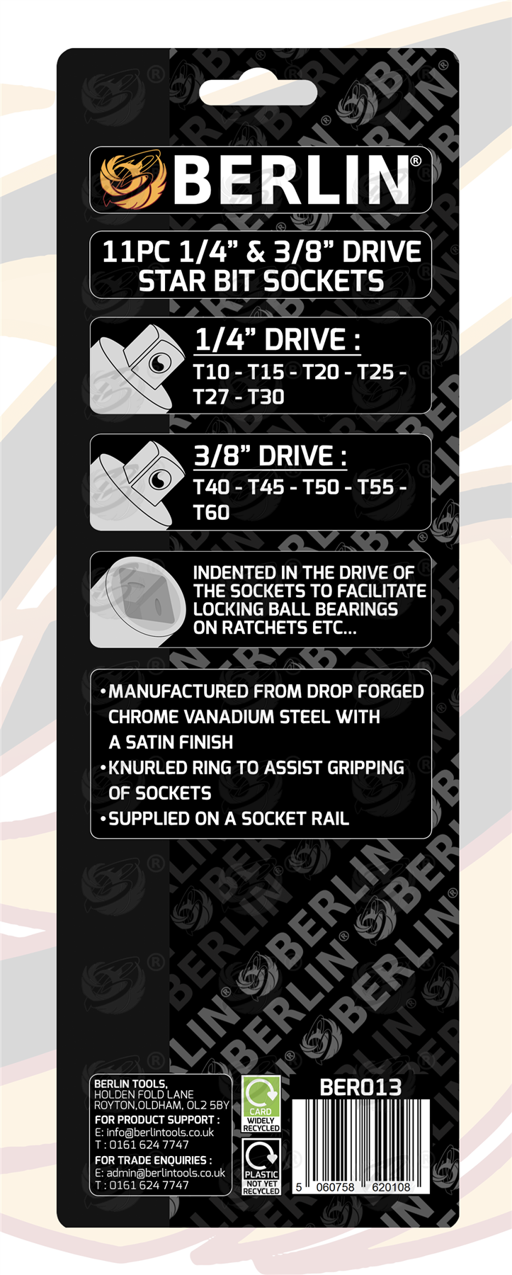 Berlin 11 Piece 1/4" & 3/8" Drive Torx Bit Sockets T10 - T60 ( BER013 )