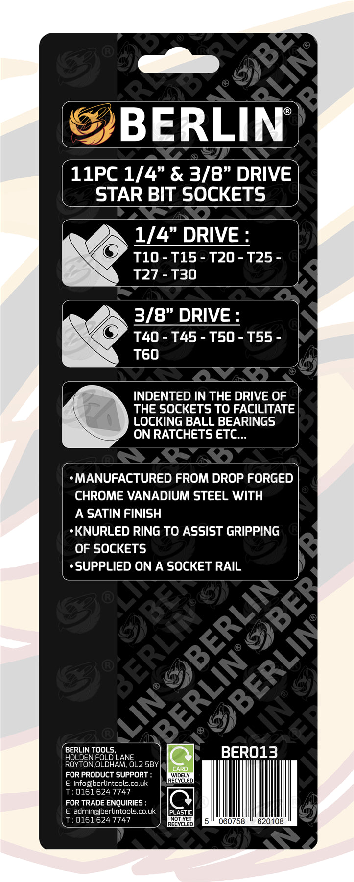 BERLIN 11PCS 1/4" & 3/8" DRIVE TORX BIT SOCKETS T10 - T60