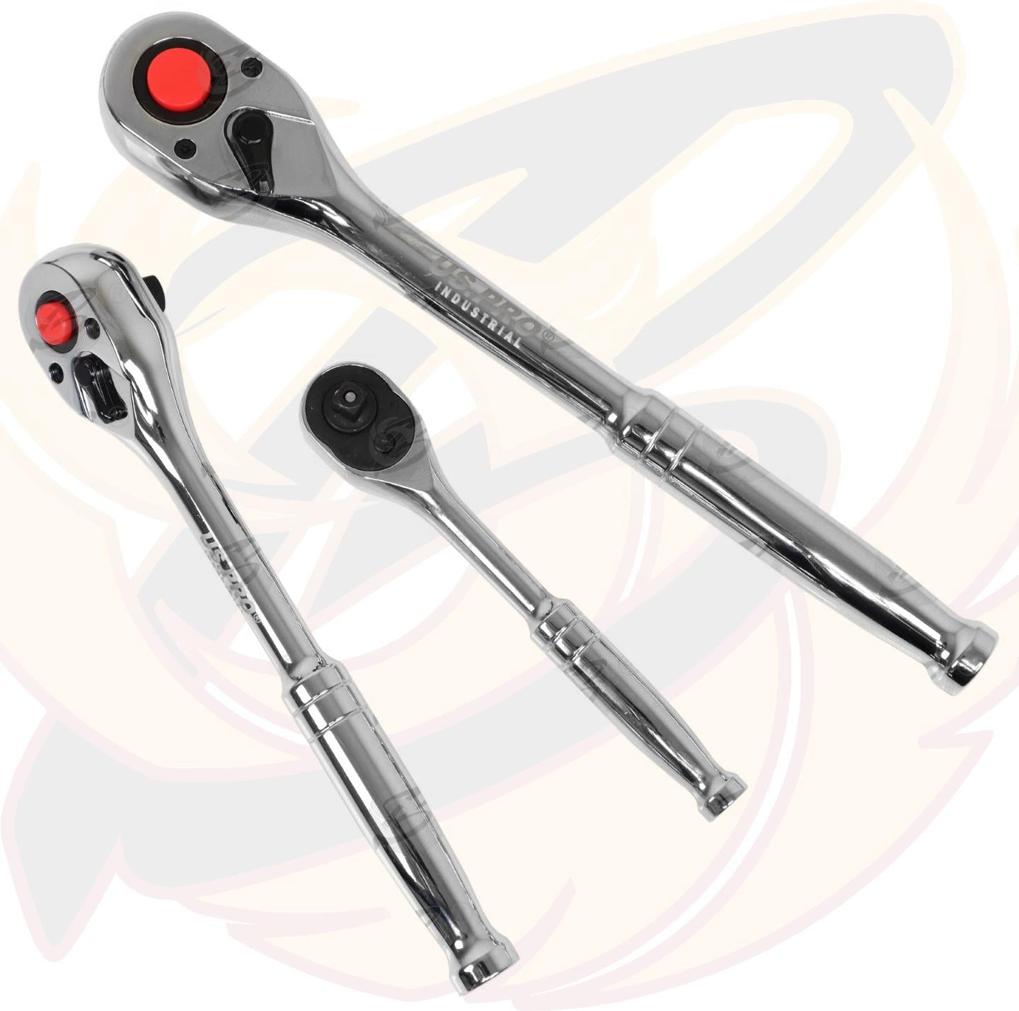 US Pro Industrial 3 Piece 1/4" & 3/8" & 1/2" Drive 90 Tooth Ratchet Handles 4228