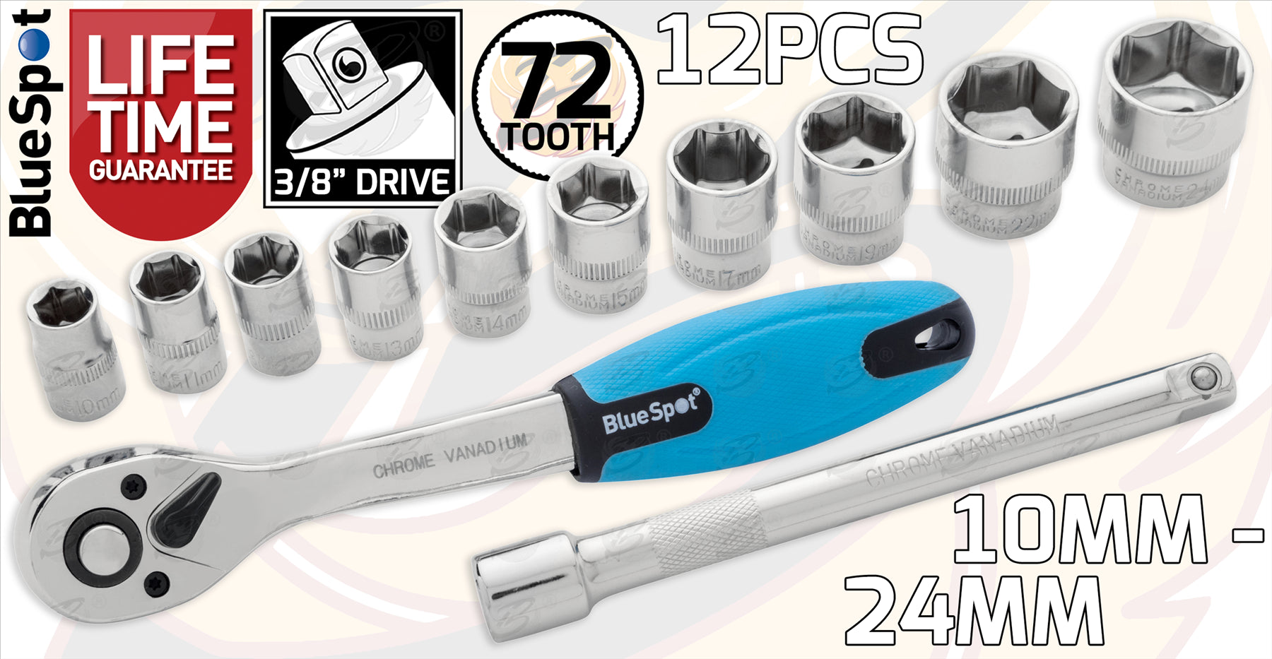 BLUESPOT 36PCS 1/4" & 3/8" & 1/2" DRIVE 6 POINT SHALLOW SOCKET SET 4MM - 24MM