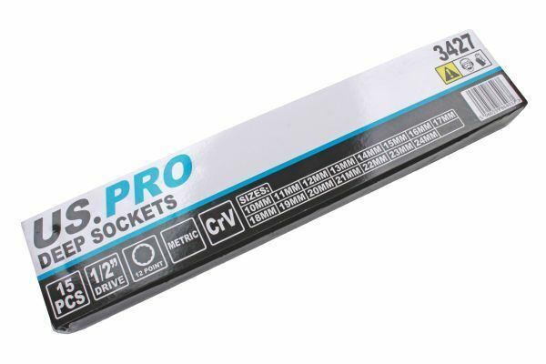 US Pro 15 Piece 1/2" Drive 12 Point Deep Sockets 10mm - 24mm 3427