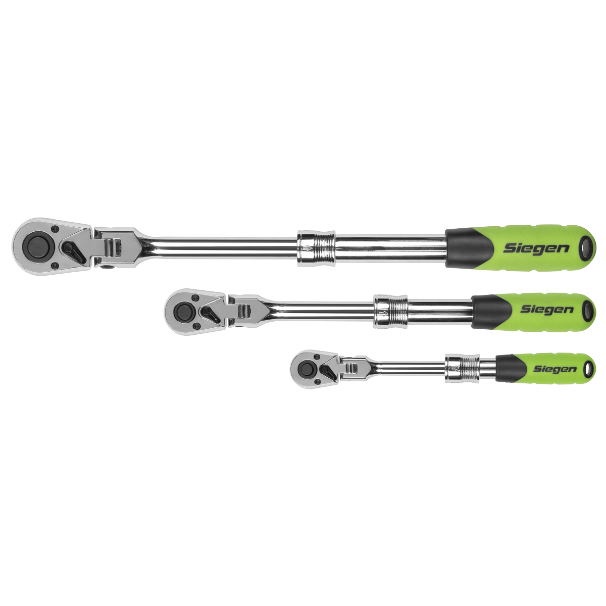 Siegen 3 Piece 1/4" & 3/8" & 1/2" Drive 72 Tooth Flexible Head Extendable Ratchet Handles In EVA Foam Storage Block With A Manufacturers LifeTime Guarantee S01297