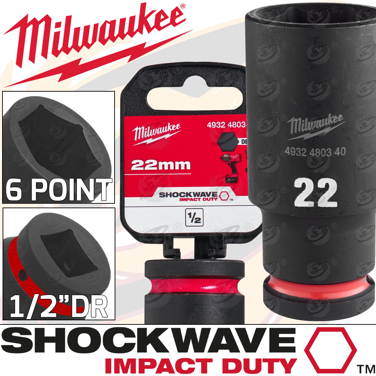 MILWAUKEE 22MM 1/2" DRIVE 6 POINT DEEP IMPACT SOCKET ( SINGLE )