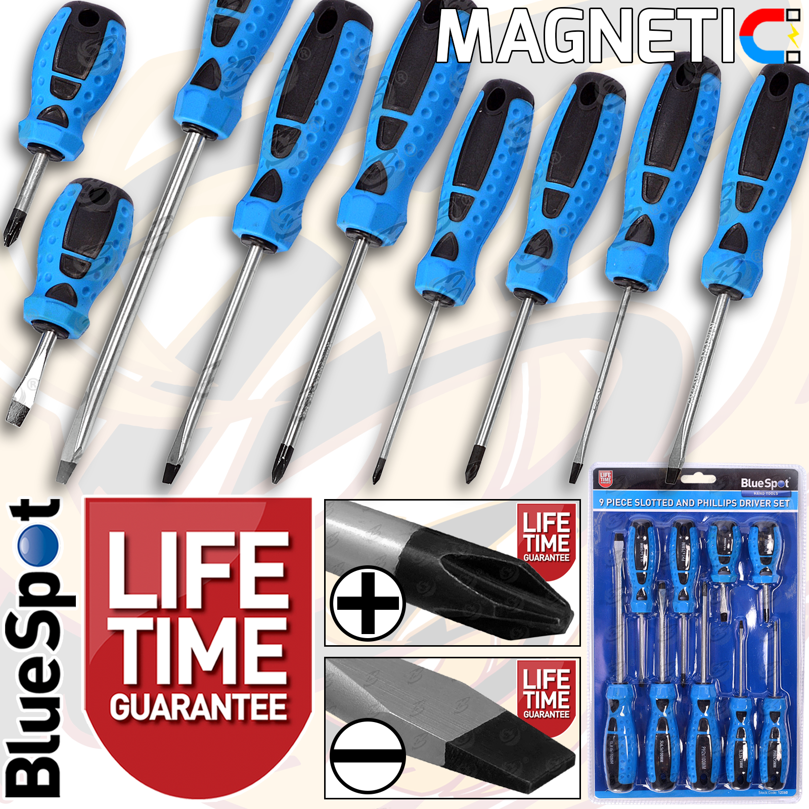 BlueSpot 9 Piece Magnetic Screwdriver Set ( Slotted - PHillips ) ( 12060 )