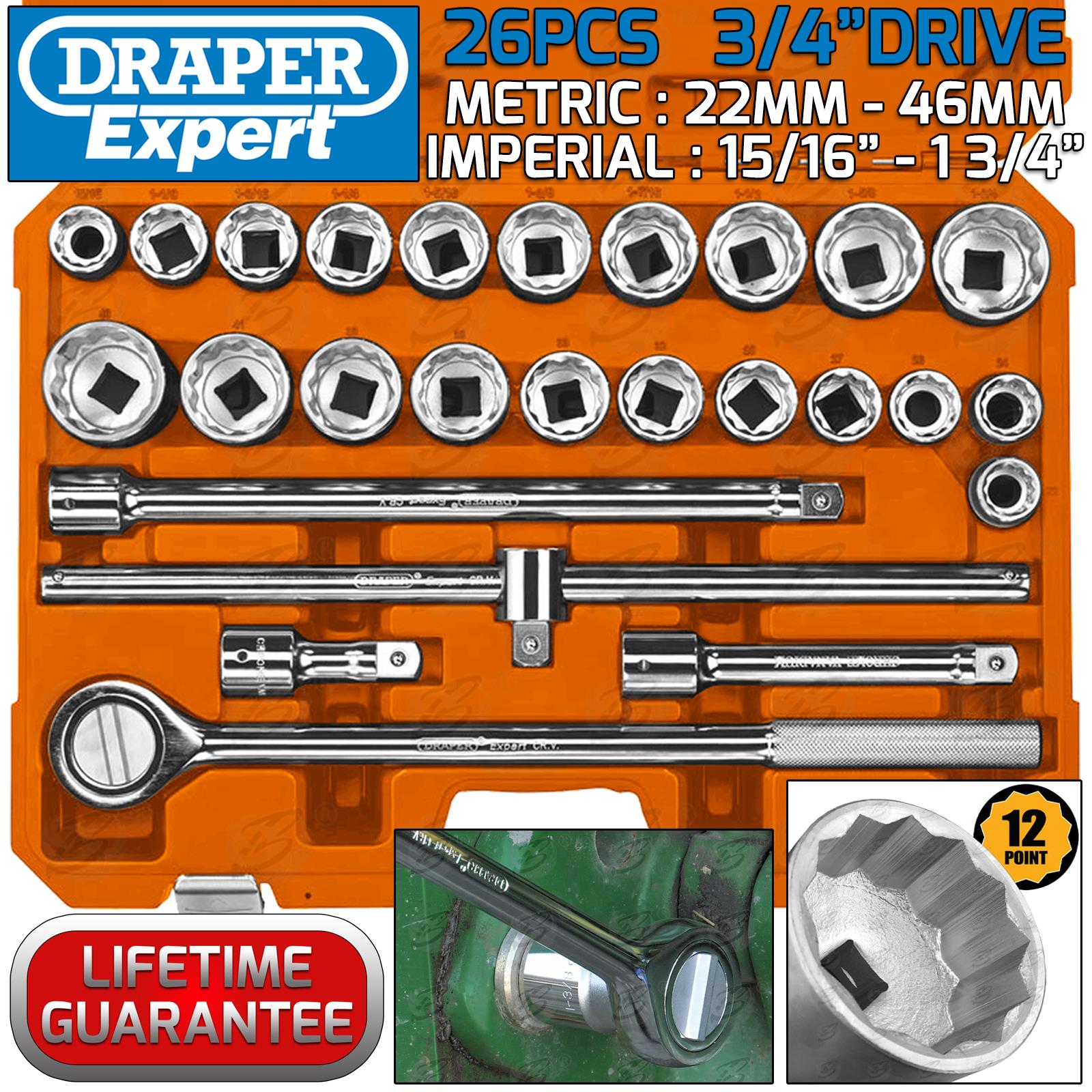 DRAPER 26PCS 3/4" DRIVE 12 POINT METRIC & SAE SOCKET SET 22MM - 46MM & 15/16" - 1 3/4"