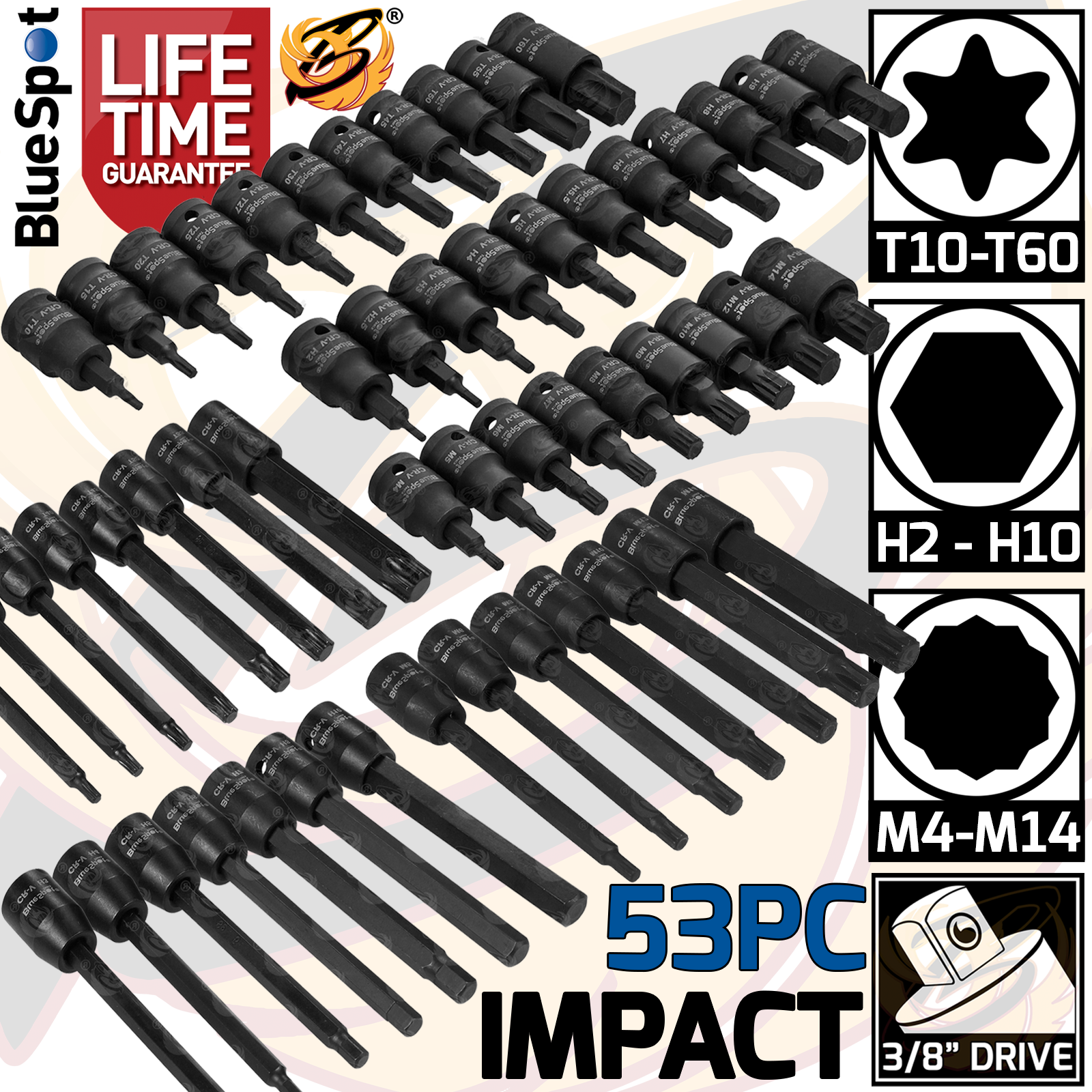 BLUESPOT 53PCS 3/8" DRIVE IMPACT HEX - TORX - SPLINE LONG & SHORT BIT SOCKETS