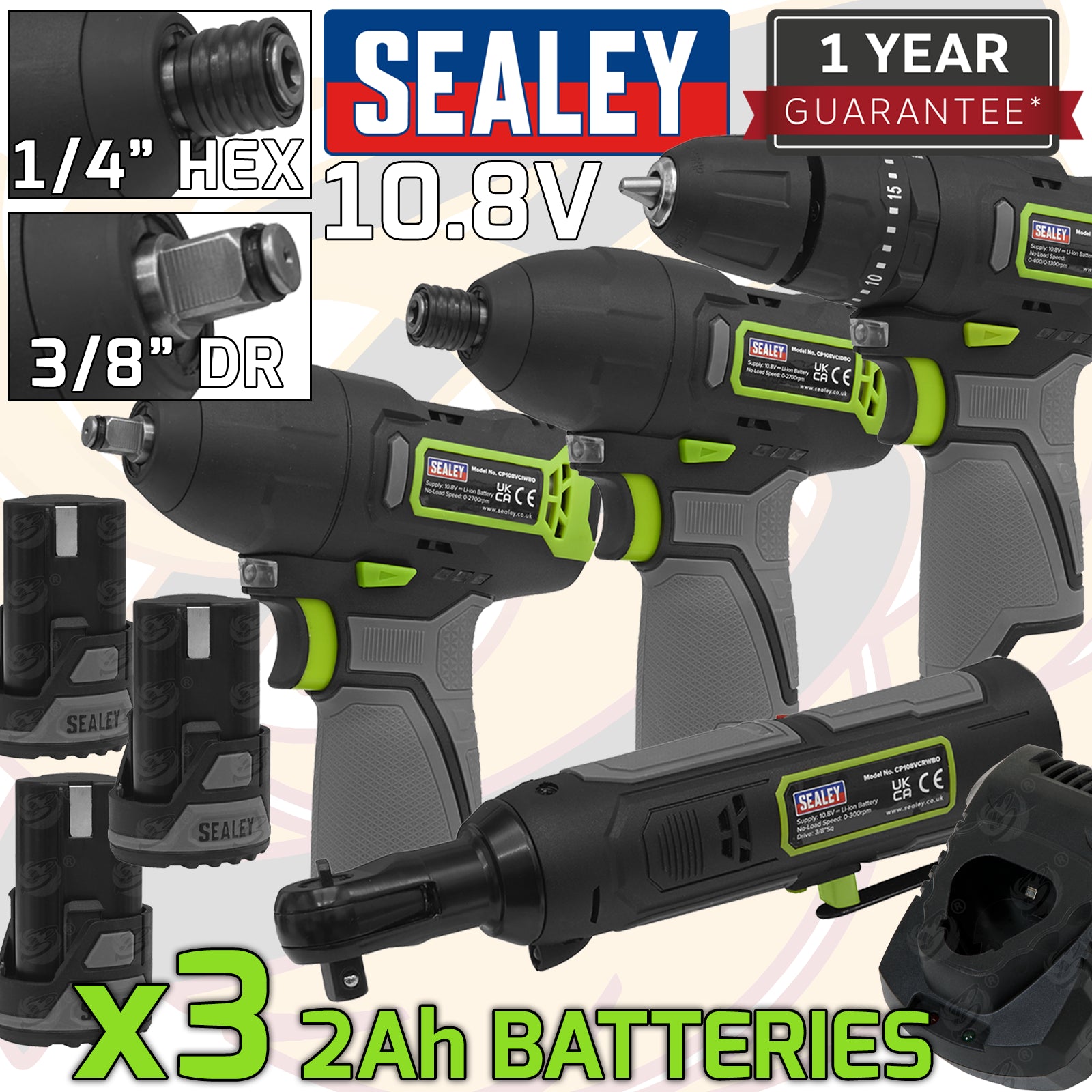 SEALEY 10.8V 3/8" DRIVE CORDLESS COMBO KIT ( DRILL - RATCHET WRENCH - IMPACT WRENCH - IMPACT DRIVER )