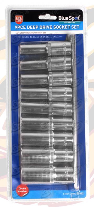 BLUESPOT 9PCS 1/2" DRIVE 6 POINT DEEP SOCKETS 10MM - 22MM