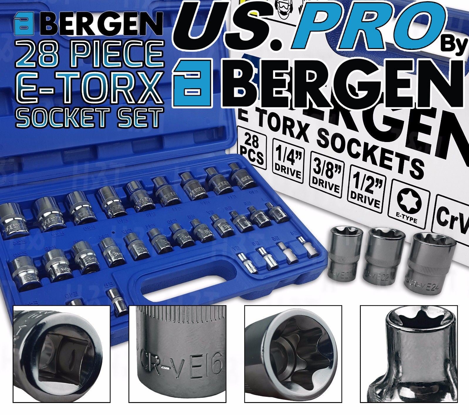 US Pro 28 Piece 1/4" & 3/8" & 1/2" Drive E - Torx Sockets E4 - E24 3254