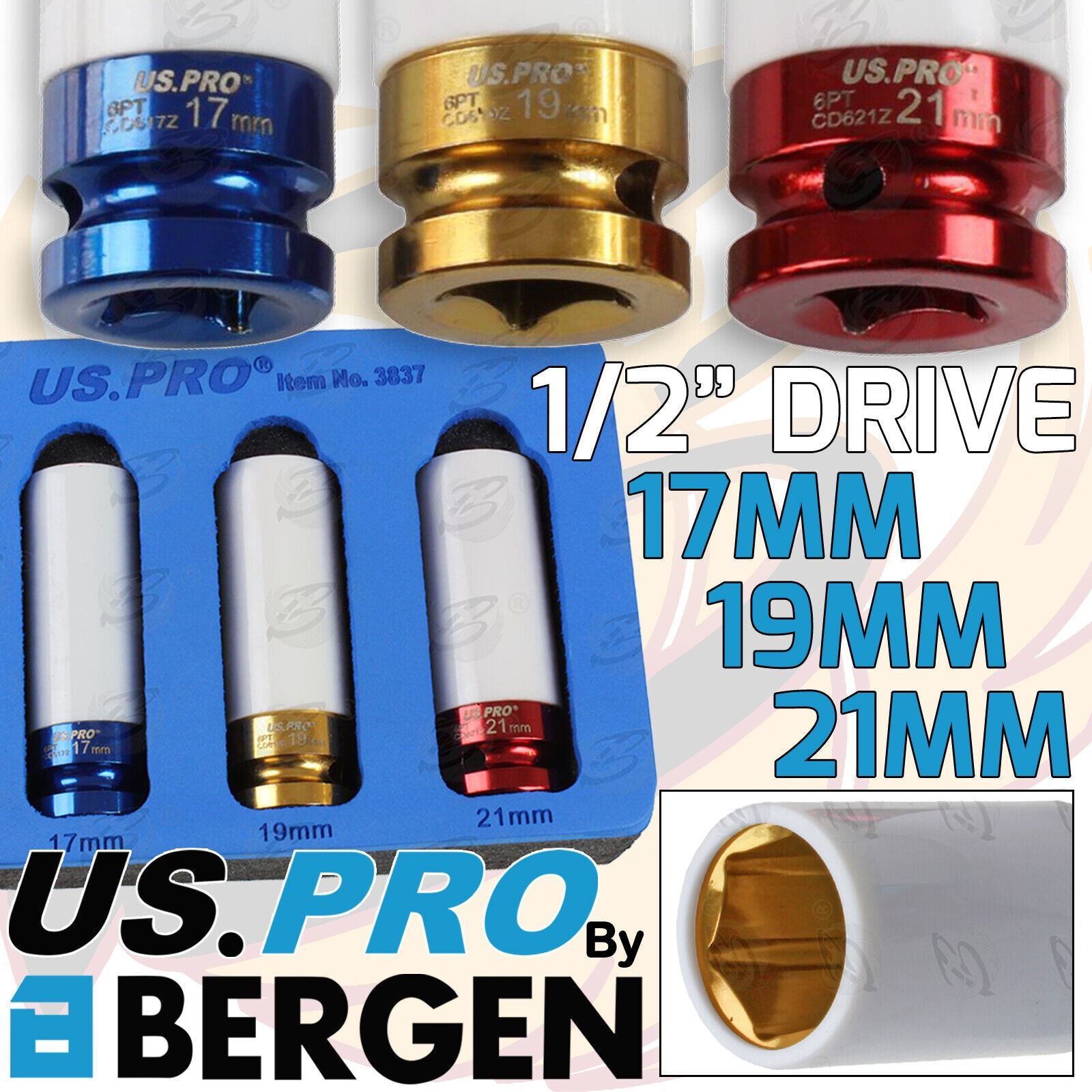US Pro 3 Piece 1/2" Drive 6 Point Deep Alloy Wheel Nut Sockets 17mm - 21mm 3837