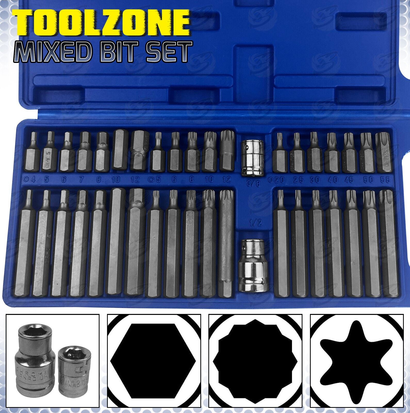 TOOLZONE 40PCS HEX - TORX - SPLINE BIT SOCKETS