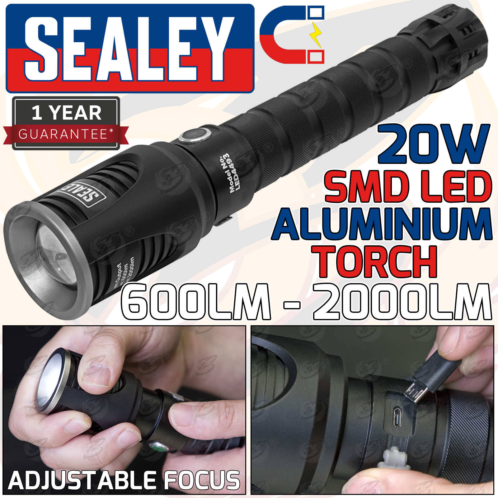 Sealey Rechargeable Li - Ion Smd Led Torch 20W 600Lm - 2000Lm ( LED4493 )