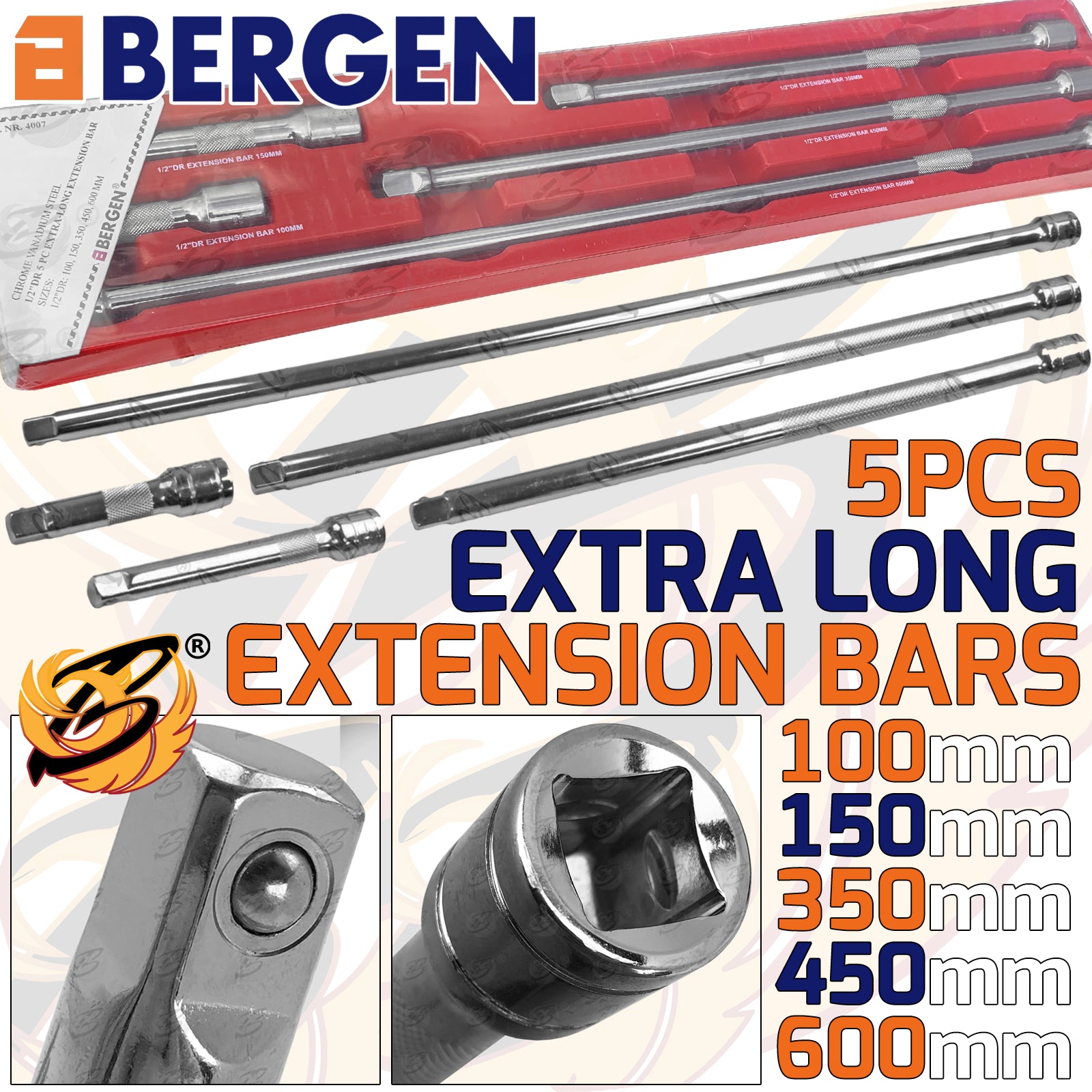 BERGEN 5PCS 1/2" DRIVE EXTRA LONG EXTENSION BARS ( 100MM - 600MM )