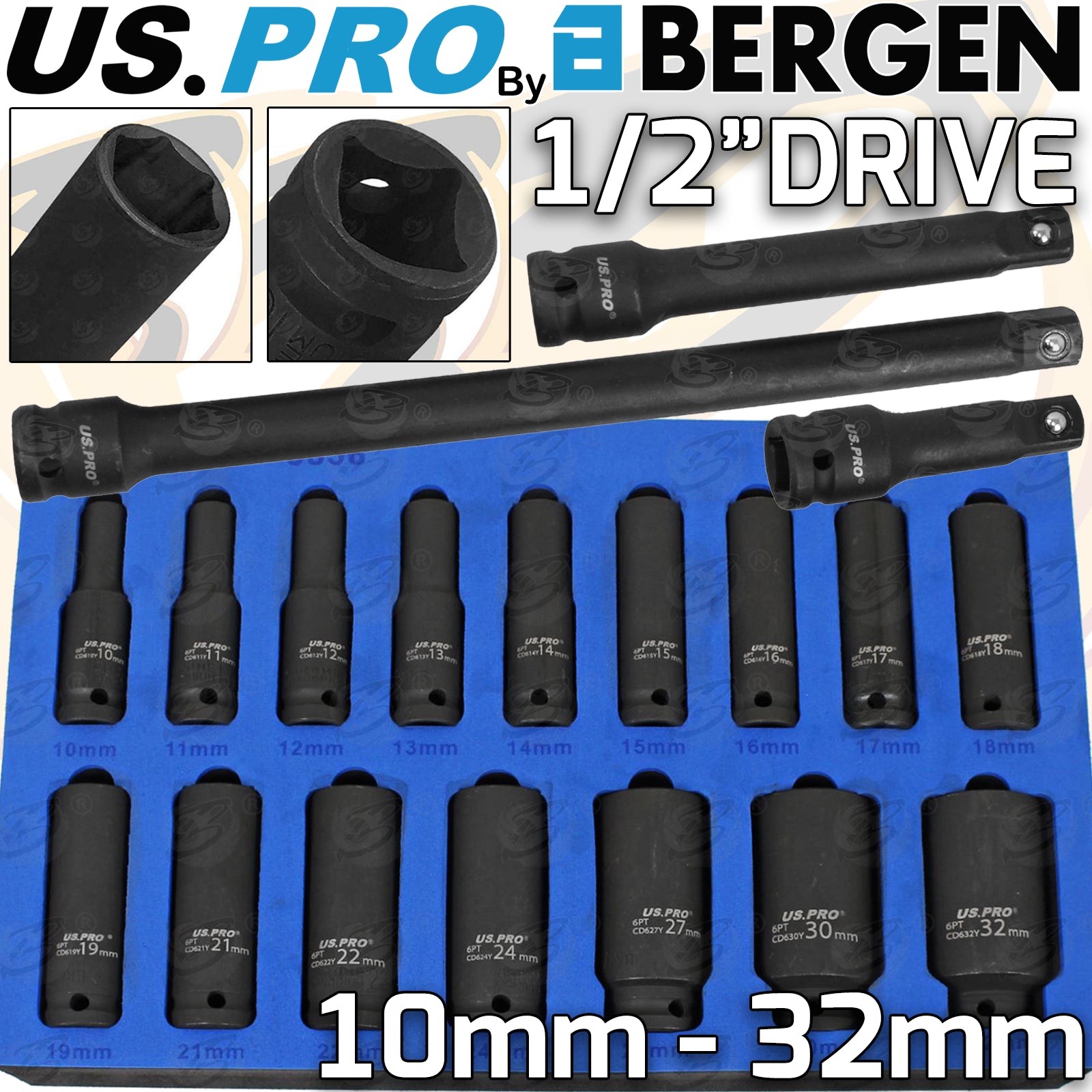 US PRO 19PCS 1/2" DRIVE 6 POINT DEEP IMPACT SOCKETS & EXTENSIONS 10MM - 32MM