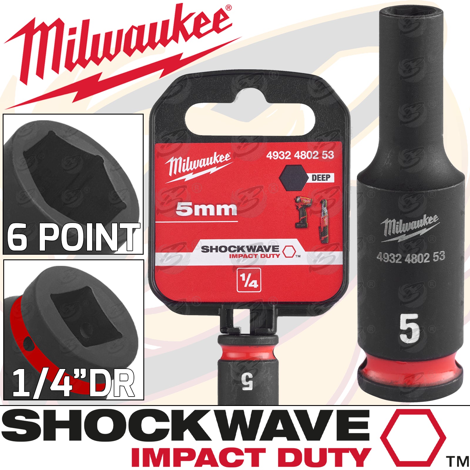 MILWAUKEE 5MM 1/4" DRIVE 6 POINT DEEP IMPACT SOCKET ( SINGLE )