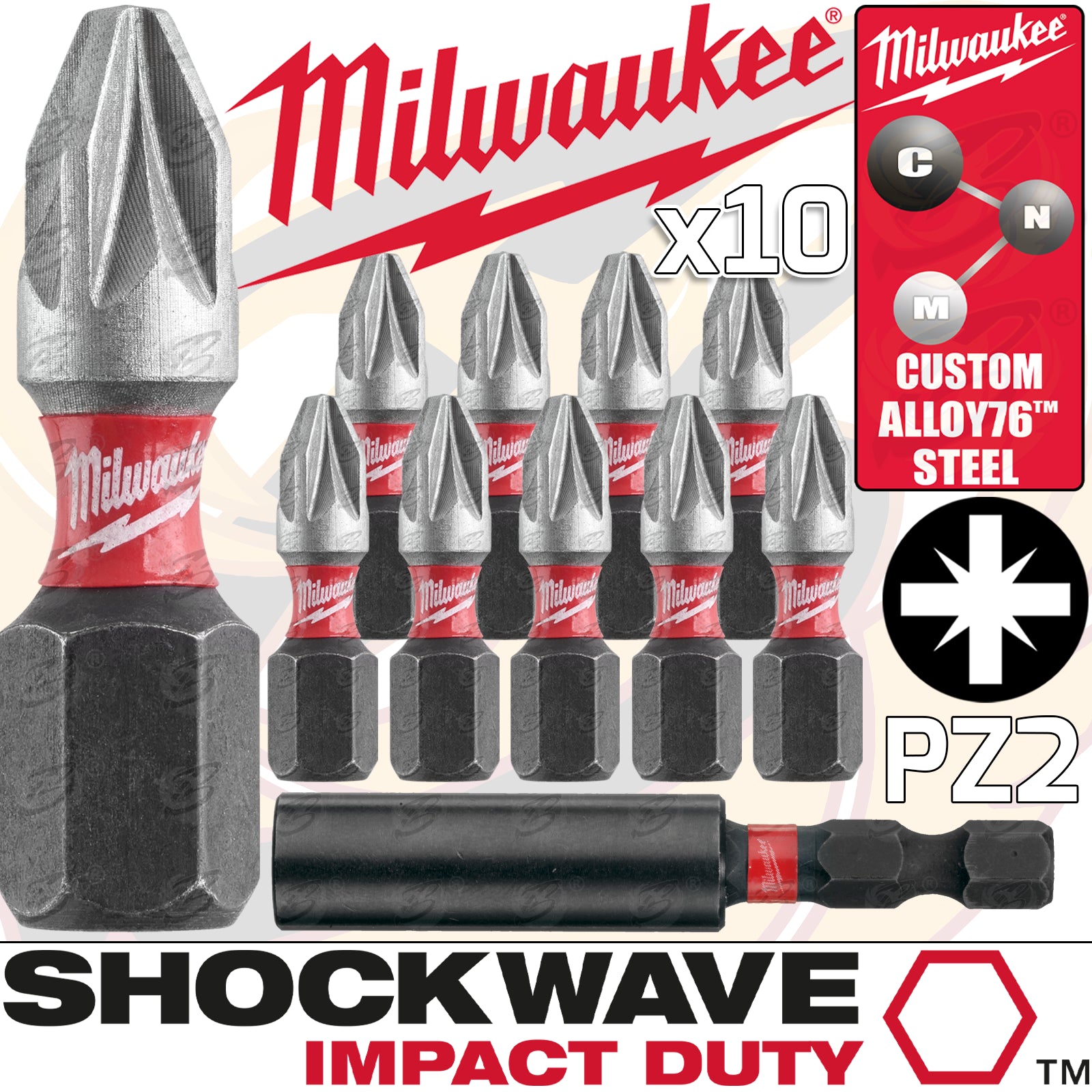 MILWAUKEE 11PCS POZI IMPACT BITS & MAGNETIC BIT HOLDER