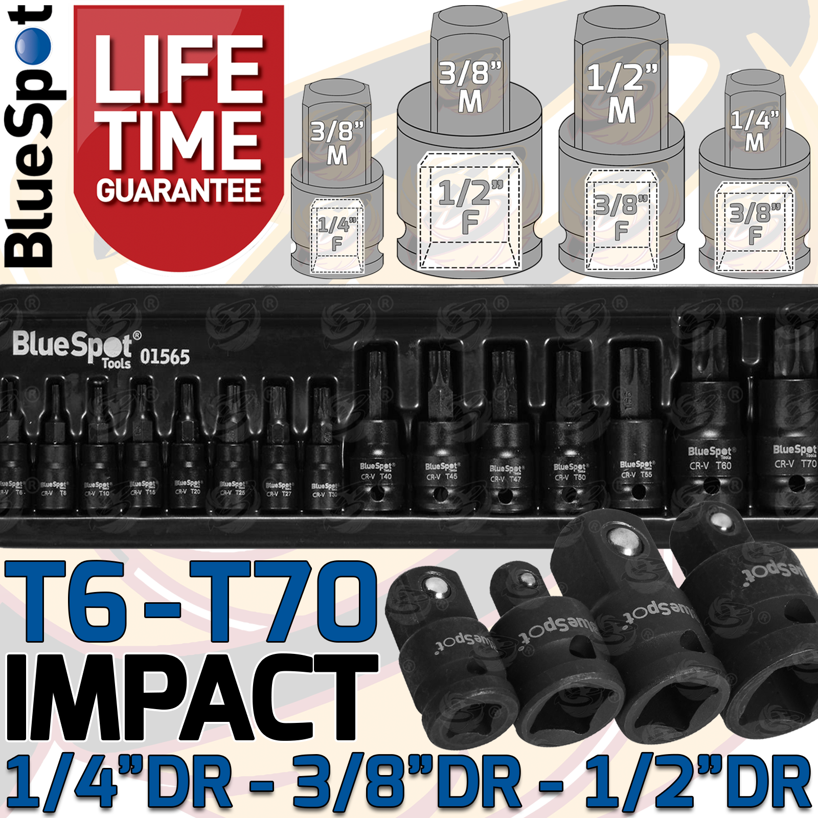 BlueSpot 15pc Impact Torx Bit Socket Set – 1/4", 3/8", 1/2" Drive – Black Chrome
