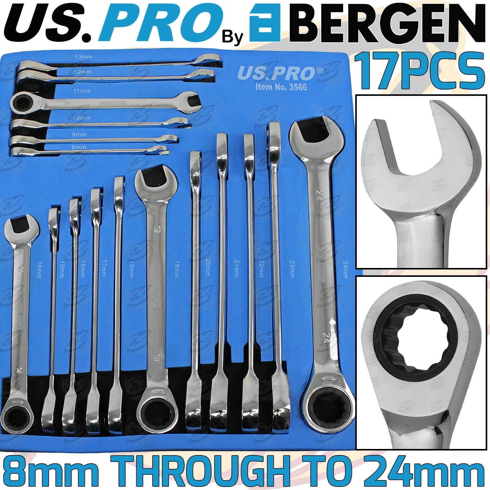 US PRO 17PCS COMBINATION RATCHET SPANNER SET 8MM - 24MM