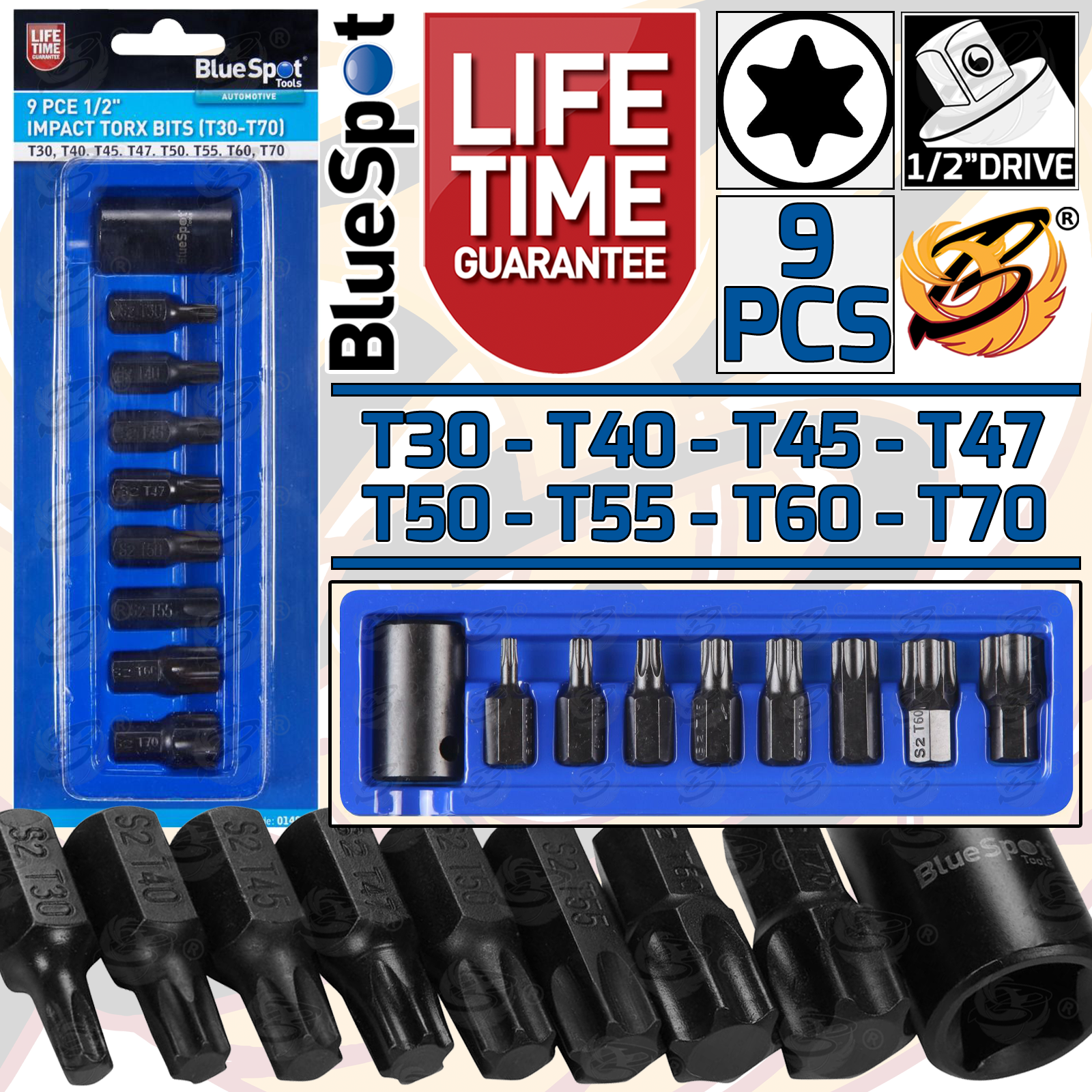 BlueSpot 9 Piece 1/2" Drive Impact Torx Bit Sockets T30 - T70 ( 01498 )