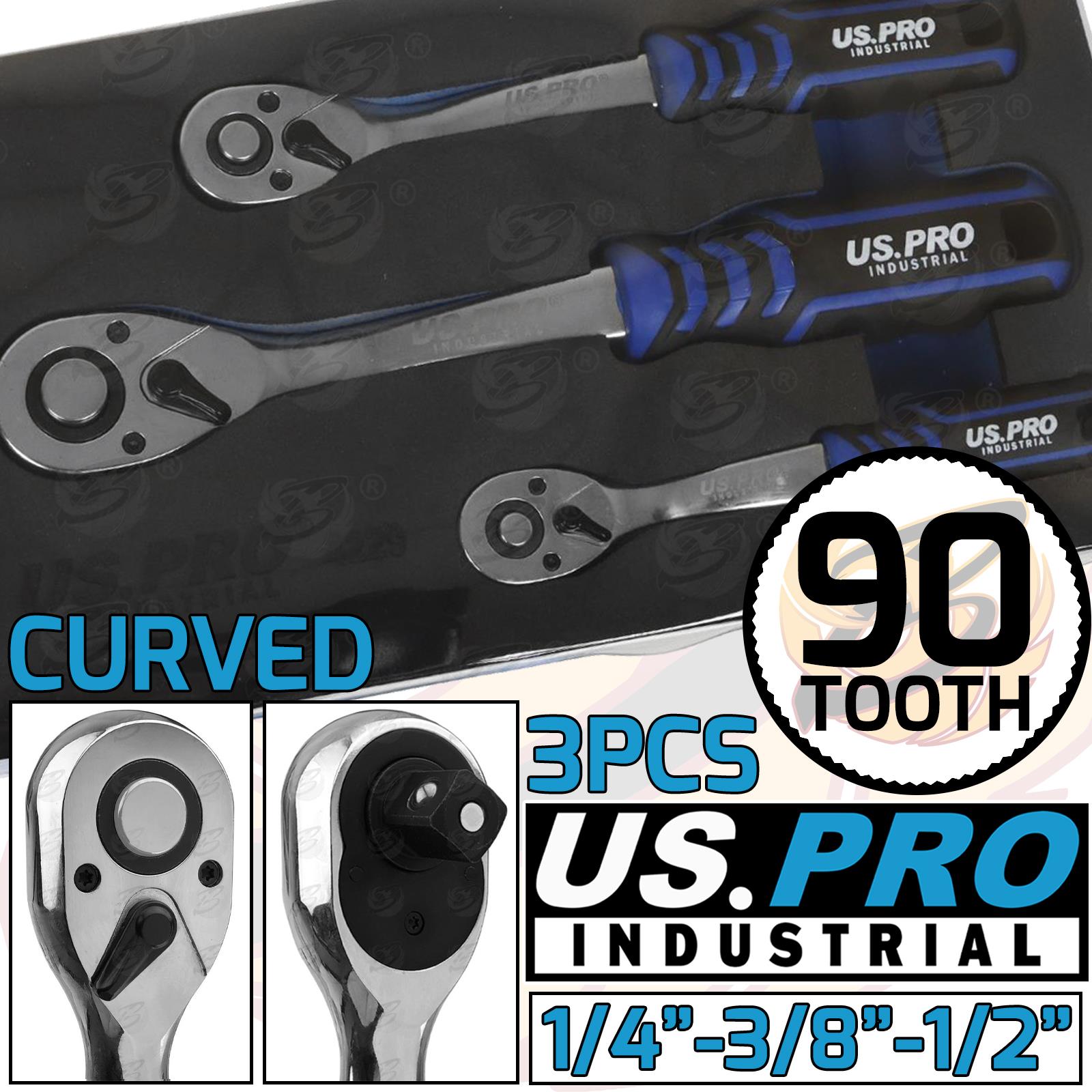 US Pro Industrial 3 Piece 1/4" & 3/8" & 1/2" Drive 90 Tooth Ratchet Handles 4229