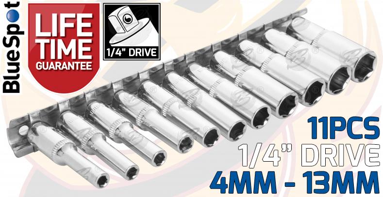 BLUESPOT 11PCS 1/4" DRIVE 6 POINT DEEP SOCKETS 4MM - 13MM