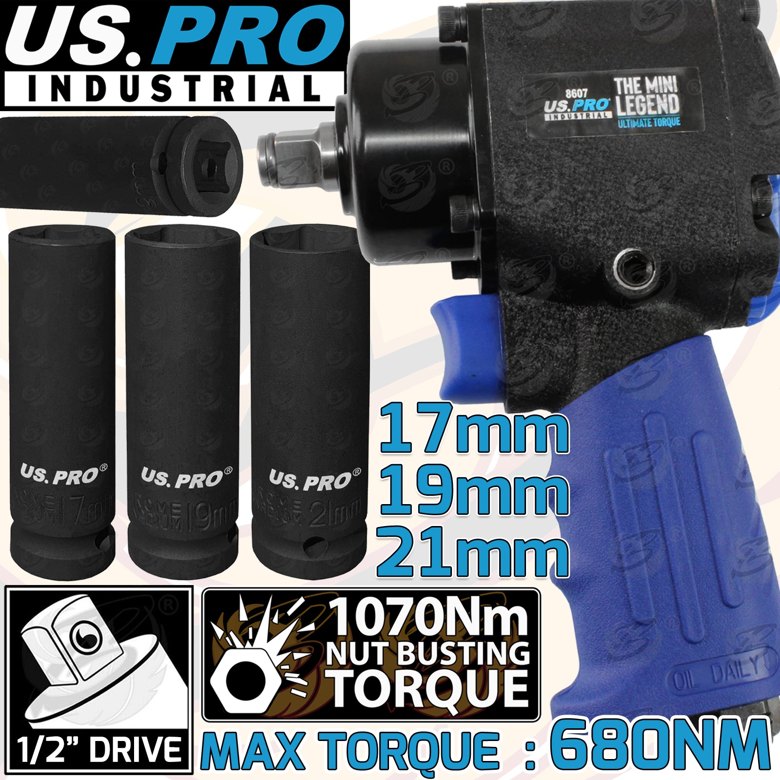 US PRO 1/2" DRIVE COMPACT AIR IMPACT WRENCH 1070Nm NBT ( THE MINI LEGEND ) & 17MM - 19MM - 21MM DEEP IMPACT SOCKETS