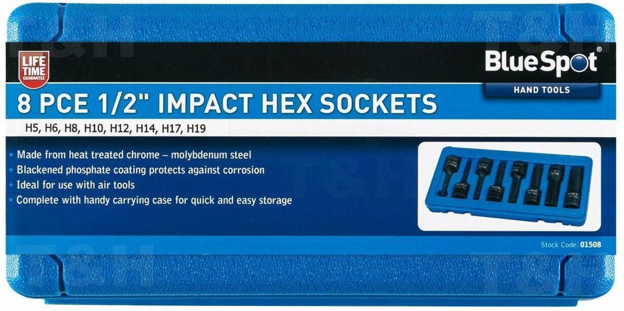 BLUESPOT 8PCS 1/2" DRIVE IMPACT HEX BIT SOCKETS H5 - H19